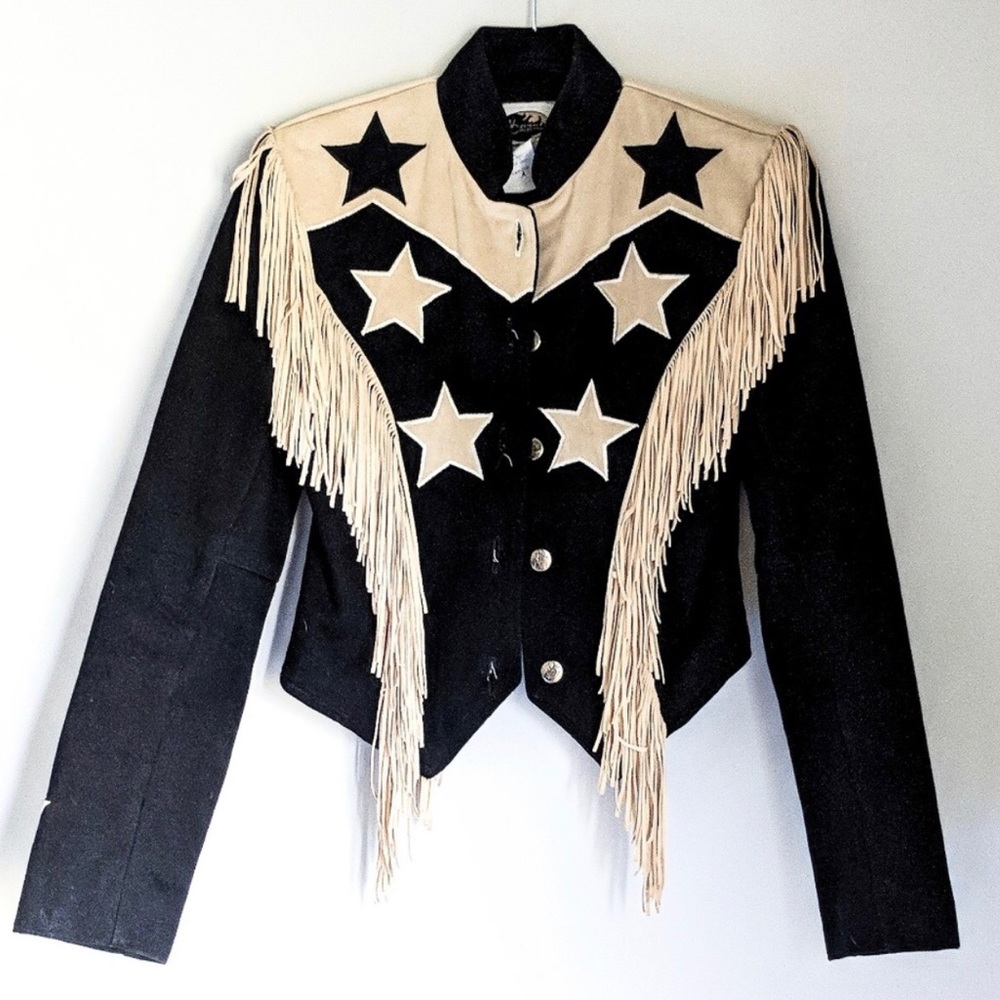 Western Fringe Denim Jean Jacket Black White Stars - Picture 1 of 4